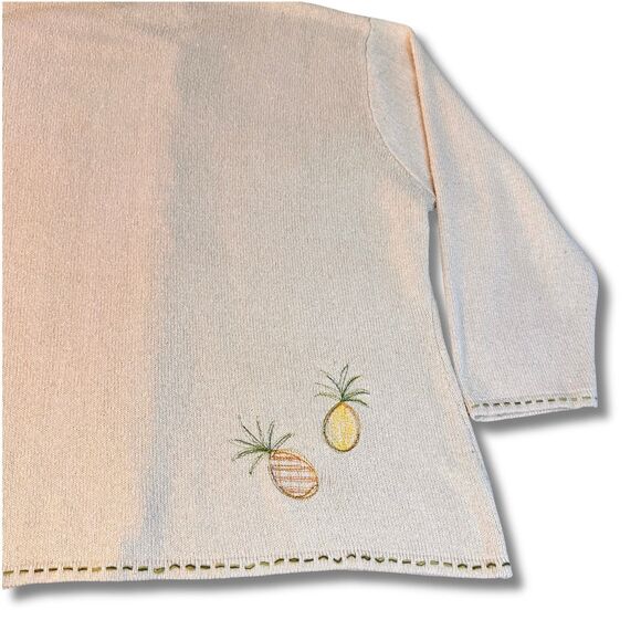 Silk Cotton Blend Cardigan Sweater Womens Large Ivory Pineapple Embroidery - Picture 11 of 13